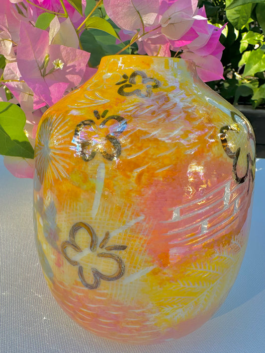 Yellow and Pink Carved Butterfly Porcelain Vase