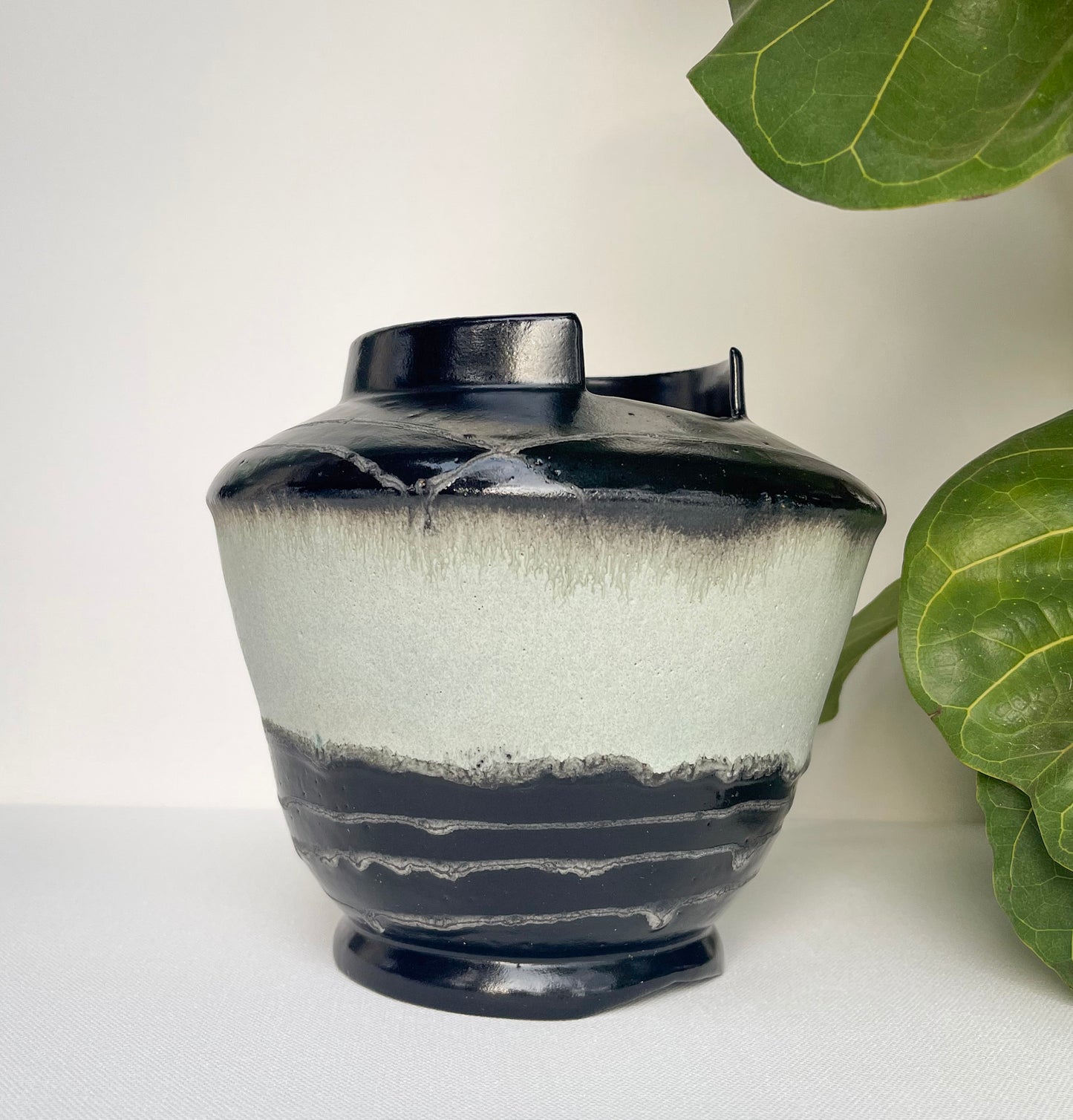 Large Sea Foam Gray and Black Vase