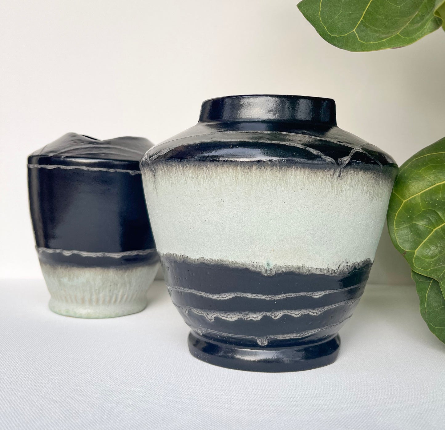 Large Sea Foam Gray and Black Vase