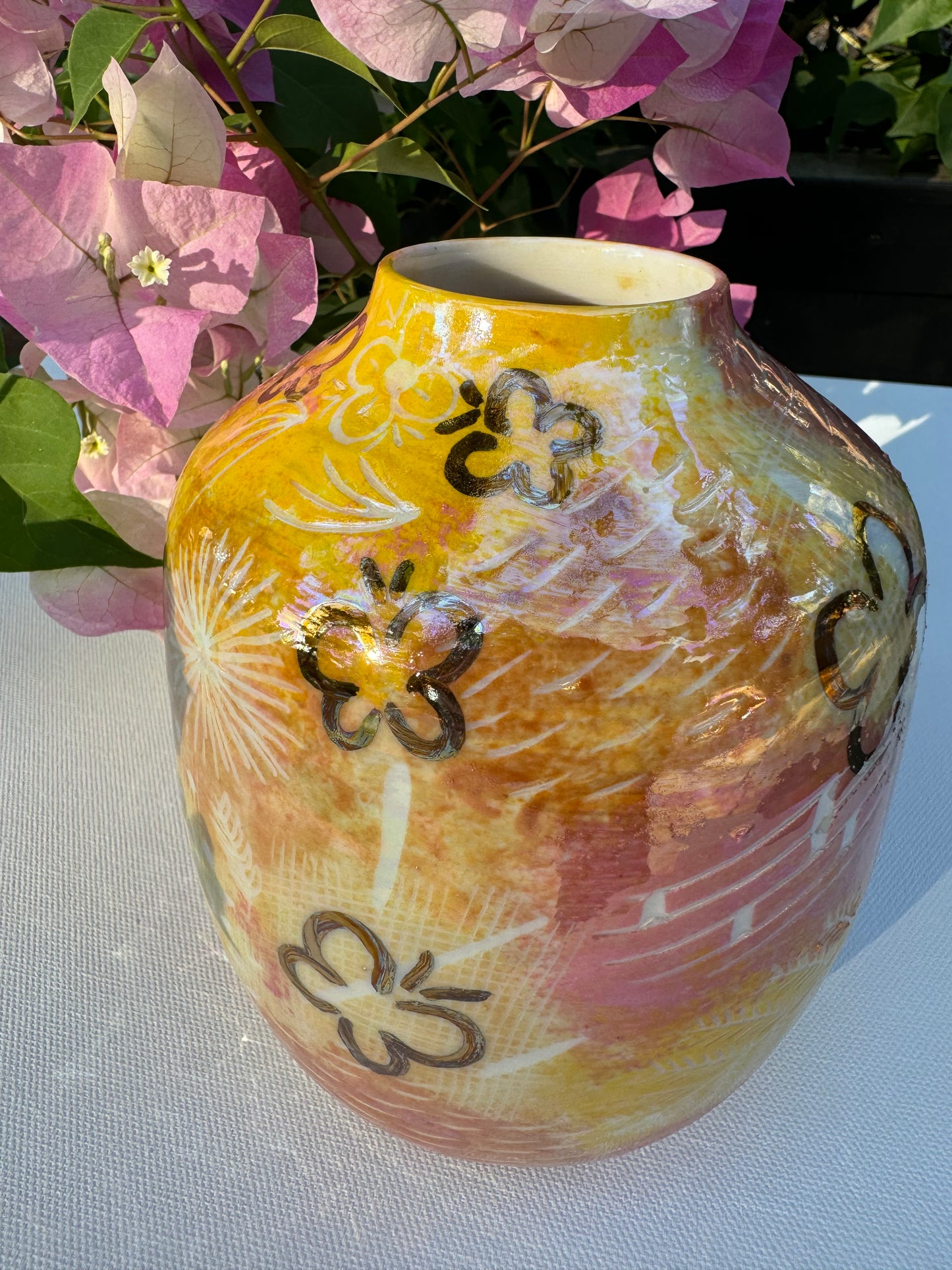 Yellow and Pink Carved Butterfly Porcelain Vase